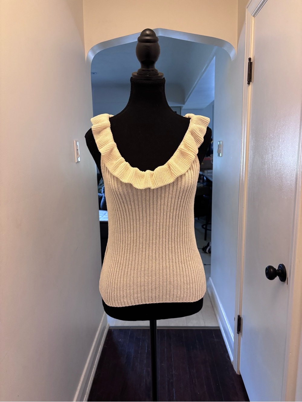 Mango Cream Ribbed Knit Top with Ruffle V-Neck